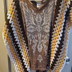 Brown and Yellow Graphic Sweatshirt with Crochet Sleeves